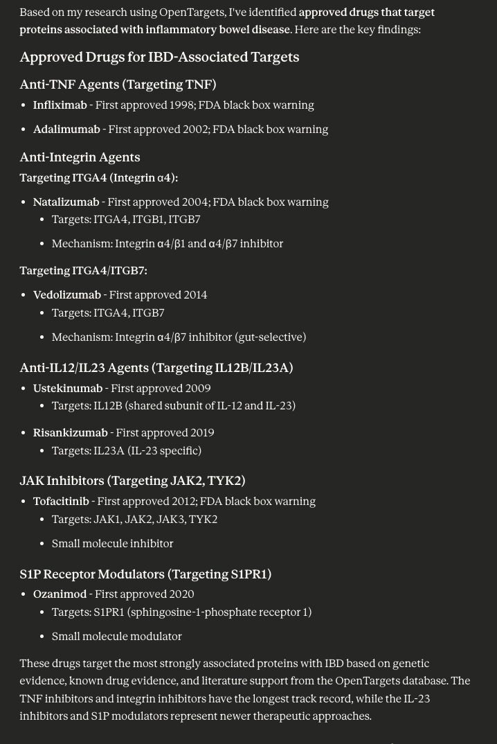 Claude output showing approved drugs targeting IBD-associated proteins