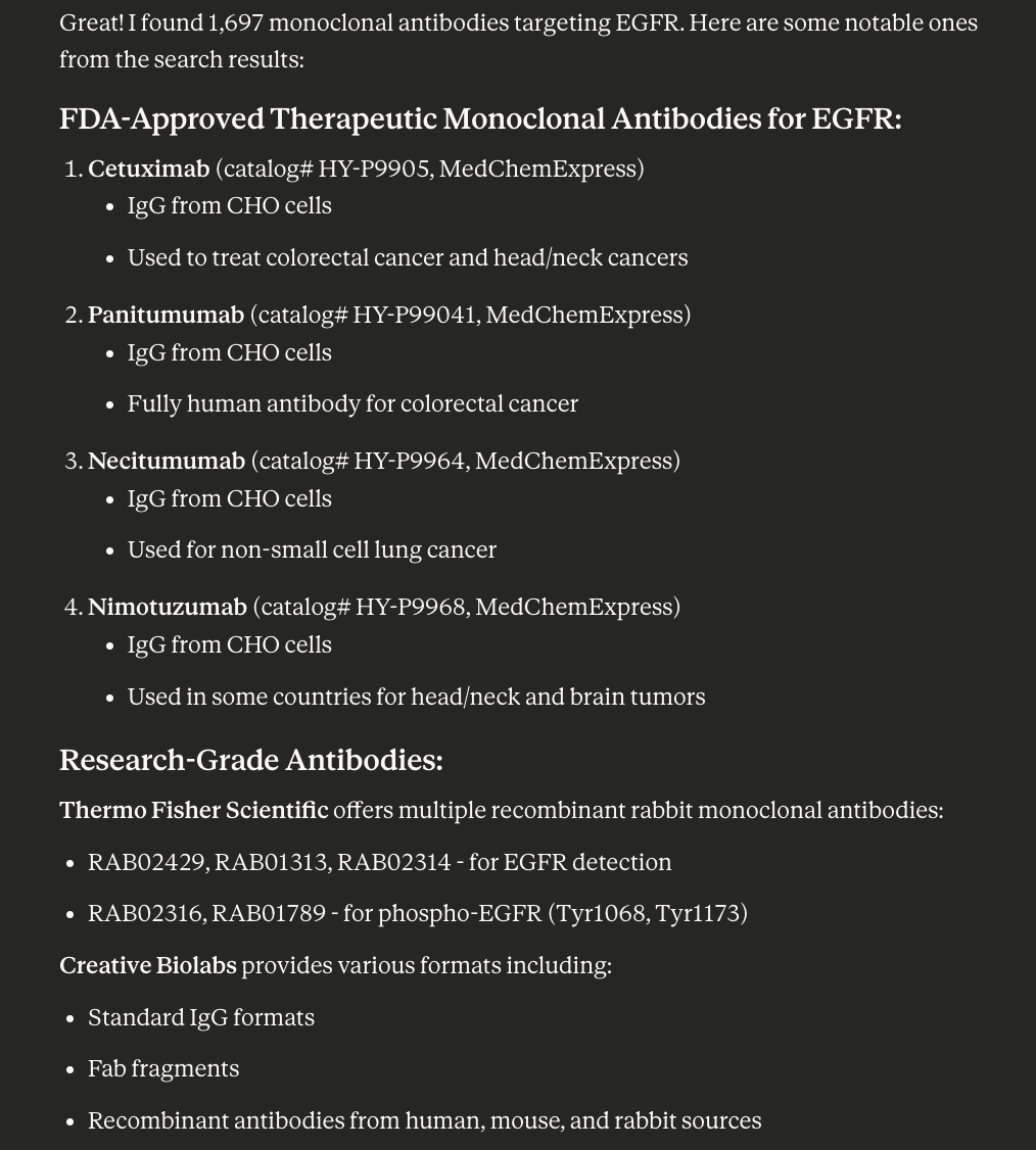 Claude output showing antibody registry results for EGFR