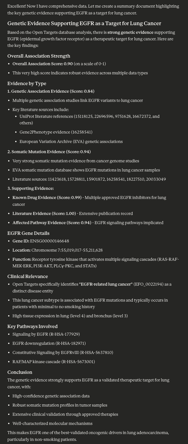 Claude output showing genetic evidence for EGFR as a lung cancer target