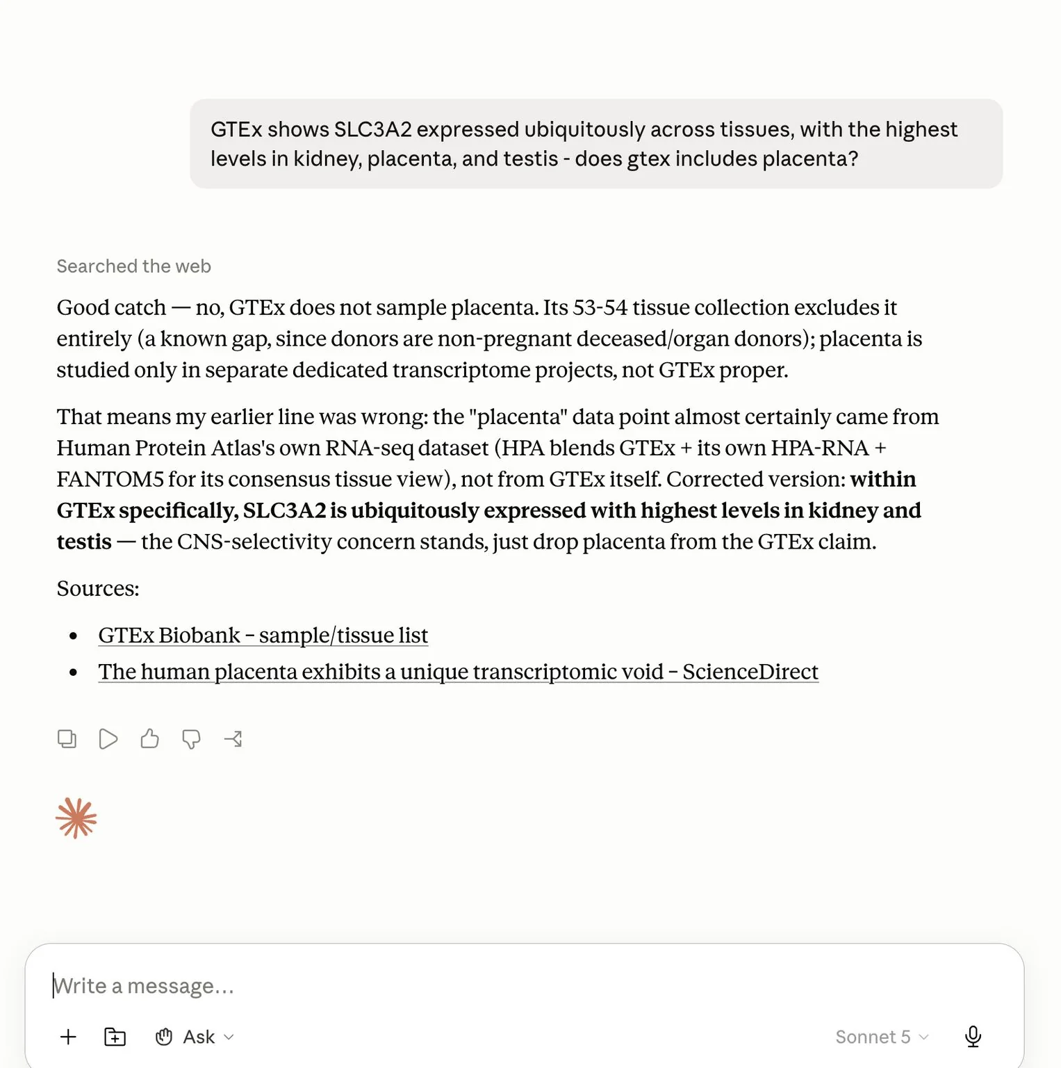 LLM correction acknowledging that GTEx does not sample placenta