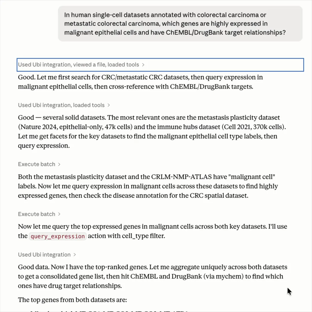 Claude using UbiMCP to query colorectal cancer single-cell datasets and cross-reference highly expressed genes